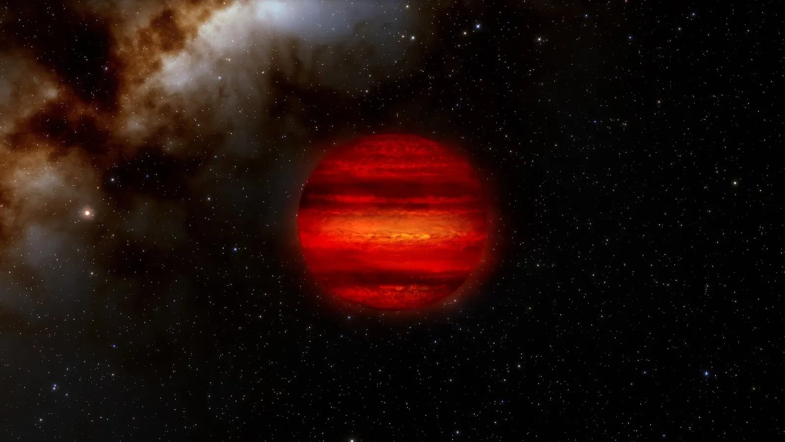 Illustration of a red-brown dwarf with bands of atmospheric storms against a star-filled background.