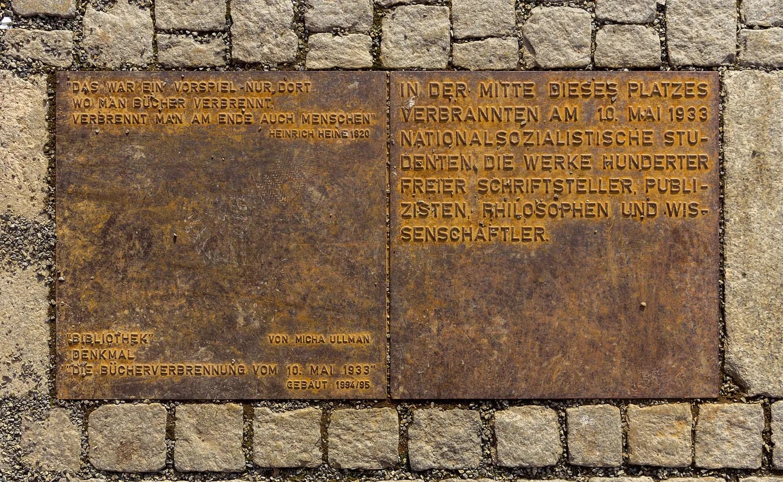 Memorial plaque marking the Nazi book burning at Bebelplatz in Berlin.