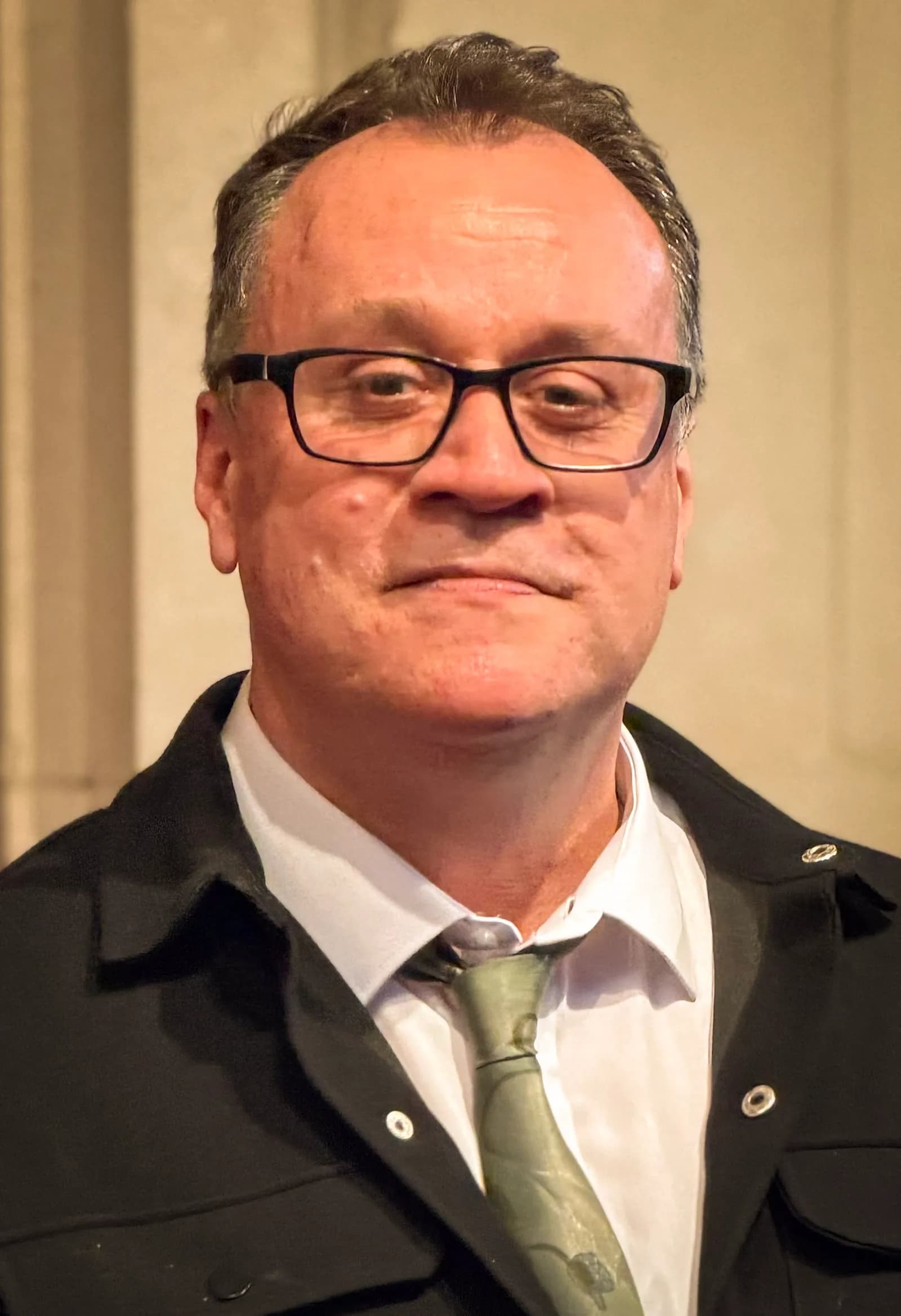 Russell T. Davies wearing a shirt and tie at a theatre press night in London.