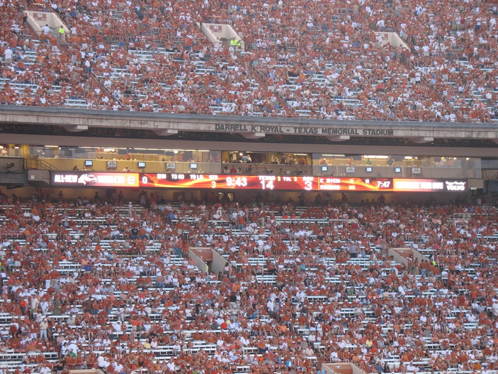 The press box and ribbon boards at Darrell K. Royal Texas Memorial Stadium in Austin, Texas.