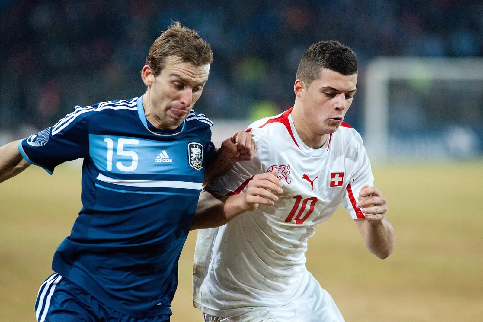 Granit Xhaka (right) and Hugo Campagnaro during Switzerland’s match against Argentina.