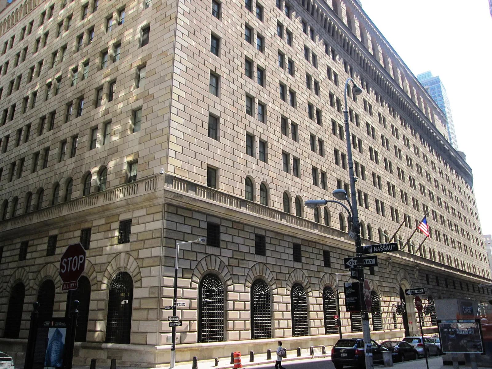 The Federal Reserve Bank of New York building on Liberty Street in Manhattan.
