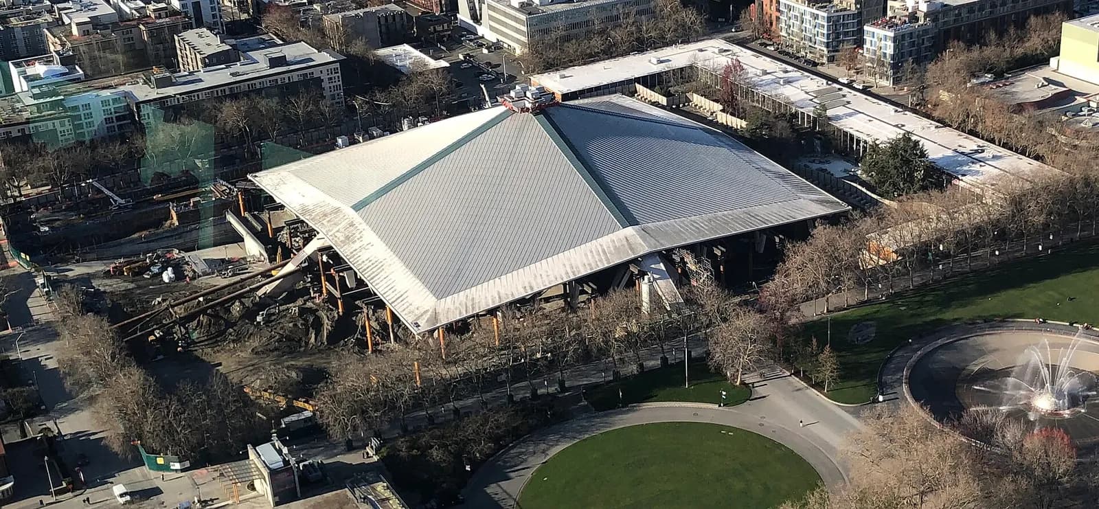 Exterior view of Climate Pledge Arena at Seattle Center.