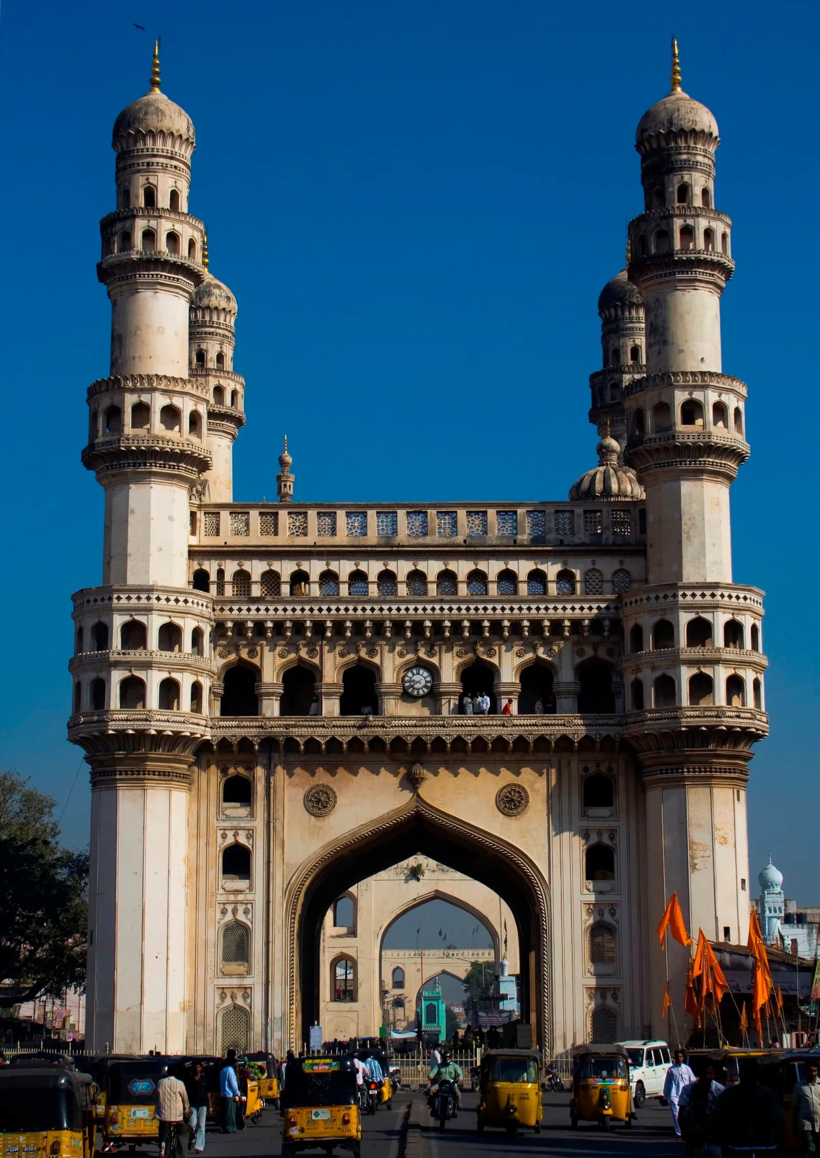 Charminar monument in Hyderabad, seen from below.