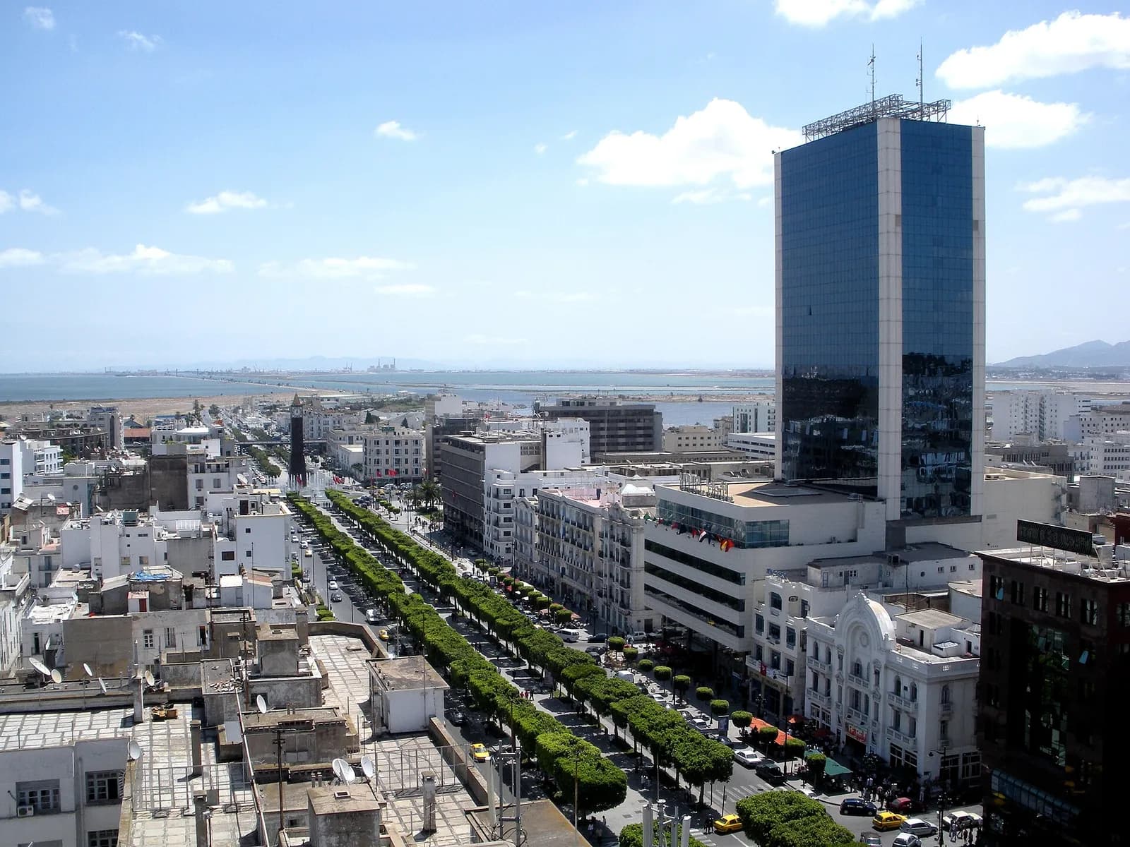 A view along Avenue Habib Bourguiba in Tunis toward the port and Mediterranean Sea.