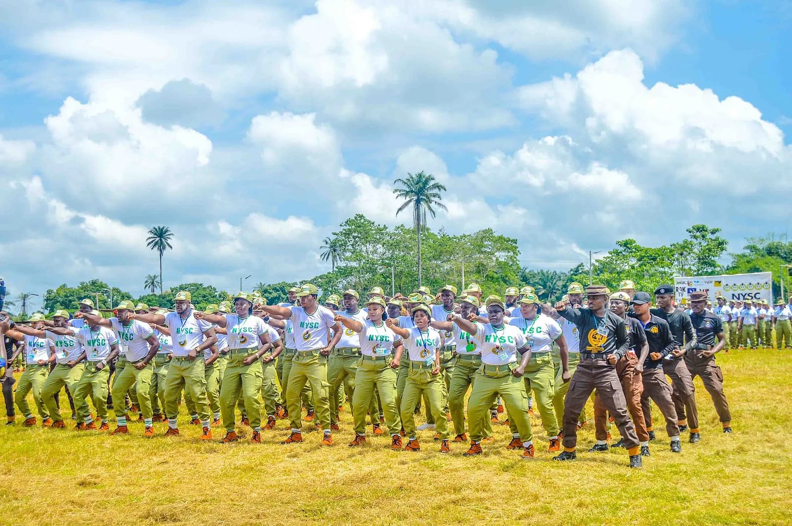 Corps members gathered during a swearing-in ceremony at an NYSC orientation camp.