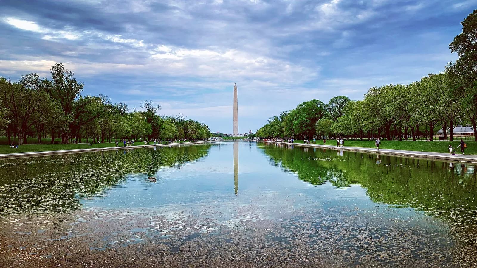 The Lincoln Memorial Reflecting Pool with the Washington Monument reflected in the water.