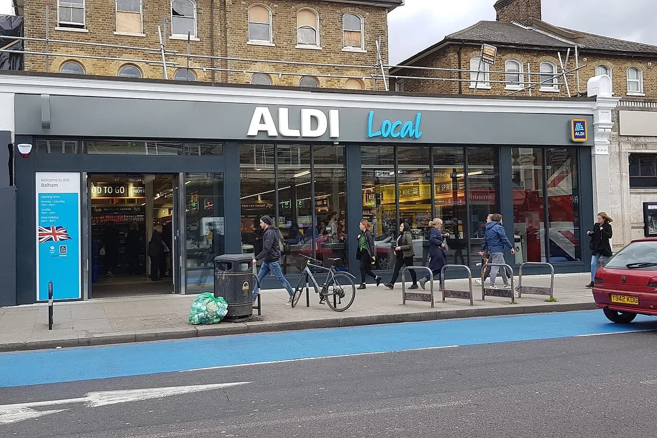 Exterior of an Aldi Local supermarket in Balham, south London
