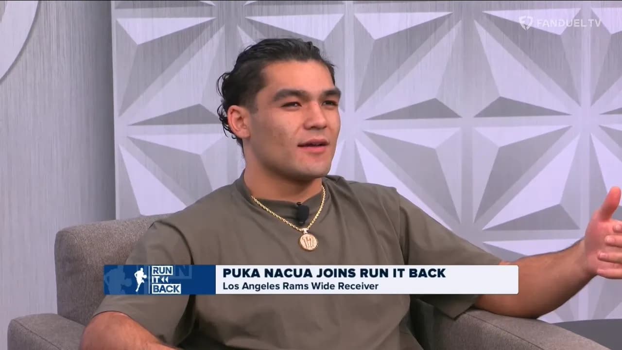 Puka Nacua appears during a FanDuel television interview.