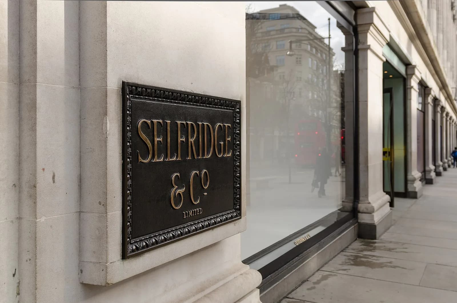 The Selfridges store sign on Oxford Street in London.