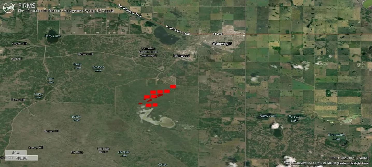 NASA FIRMS satellite image identified as showing a fire at CFB Wainwright.