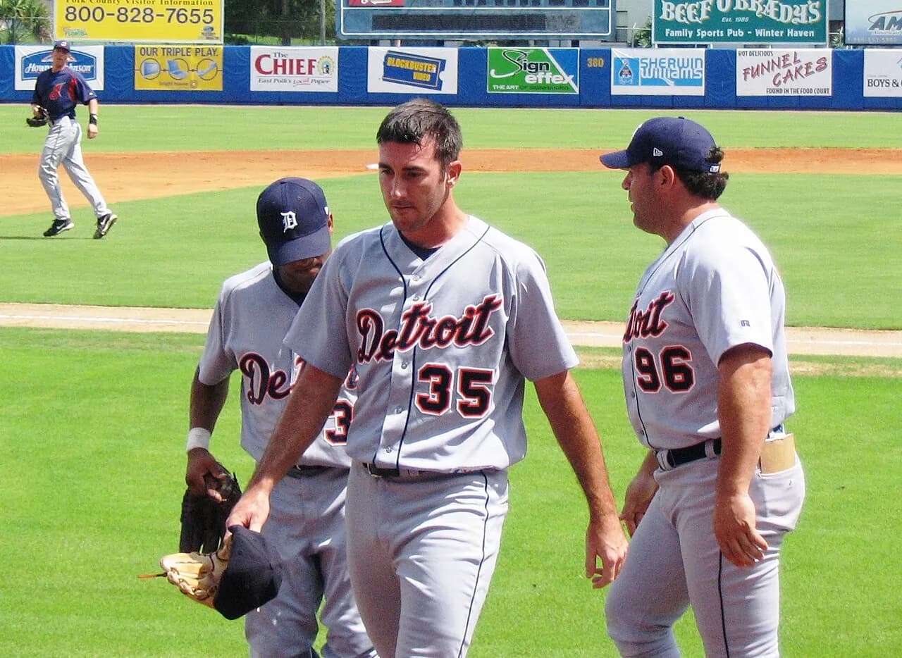 Justin Verlander walks off a baseball field in a Detroit Tigers uniform in 2005.