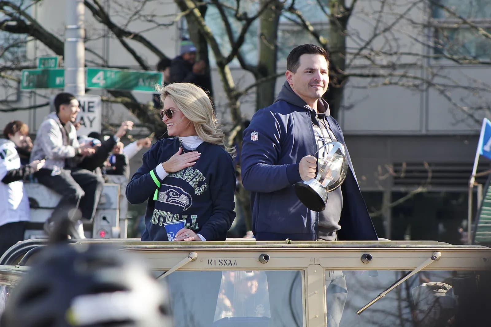 Seahawks head coach Mike Macdonald at the team’s Super Bowl victory parade in Seattle.