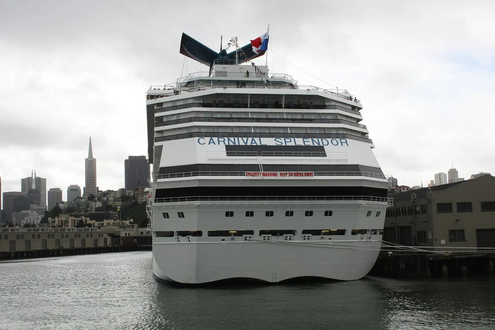 The Carnival Splendor cruise ship viewed from behind in San Francisco.