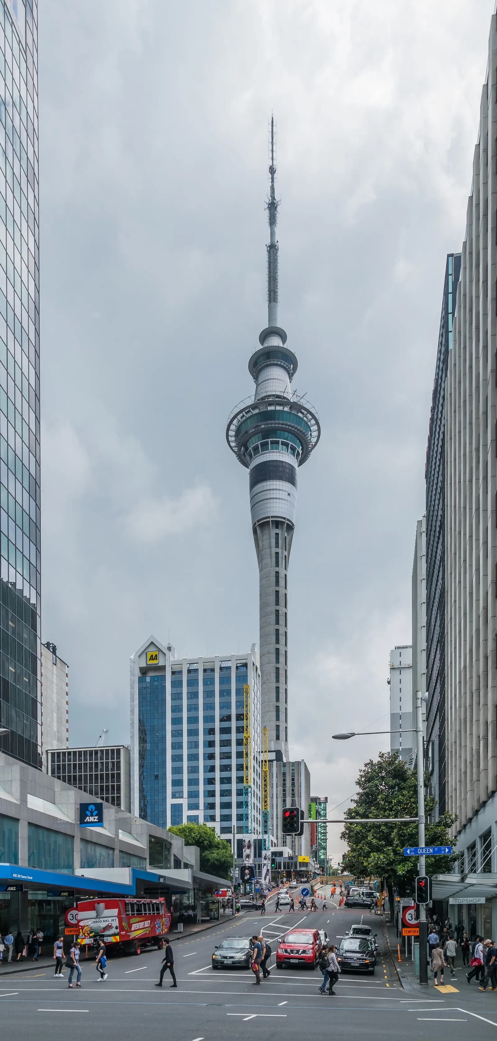 Victoria Street and the Sky Tower in Auckland, New Zealand