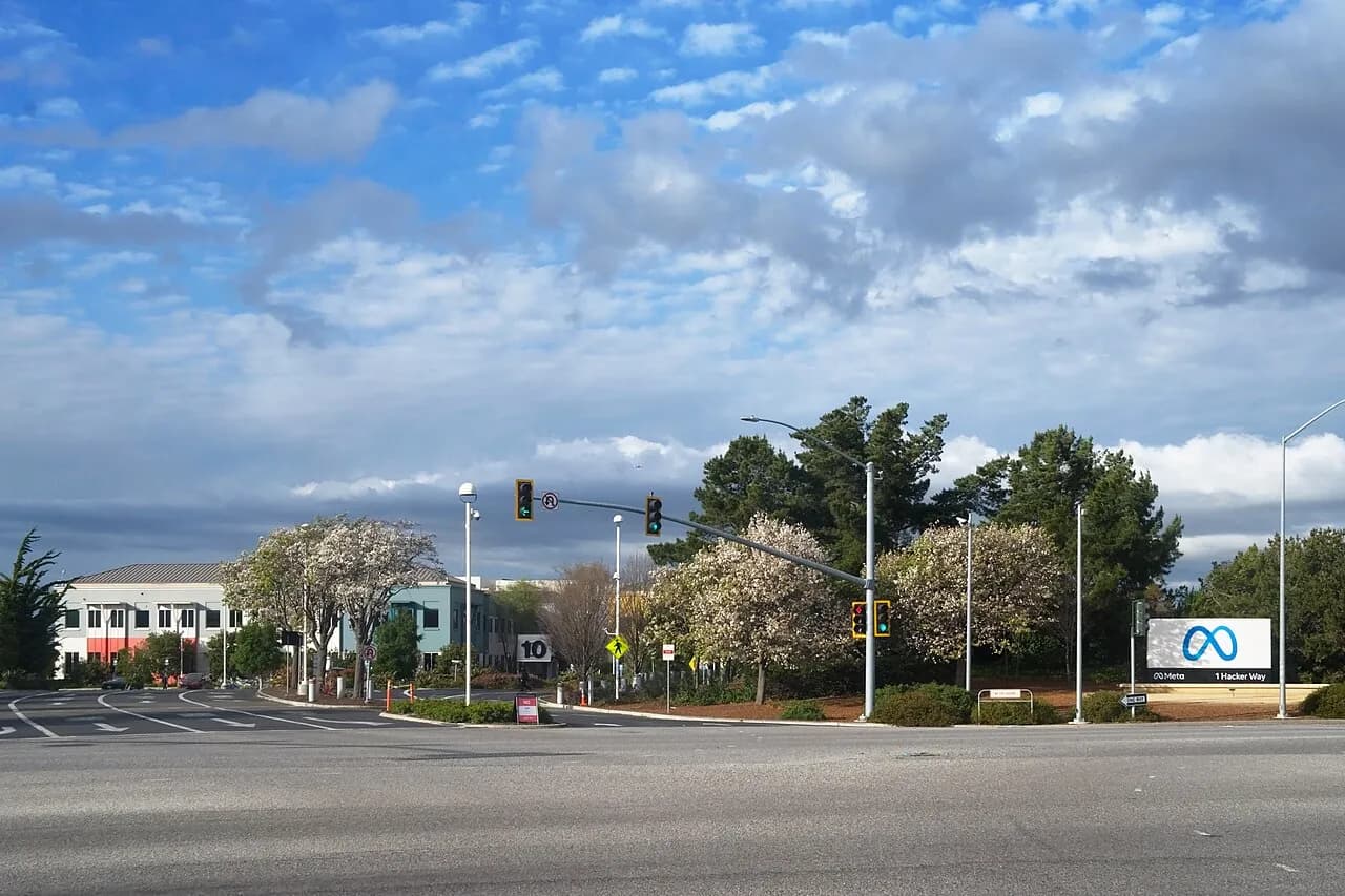 Entrance to Meta Platforms' headquarters complex in Menlo Park, California