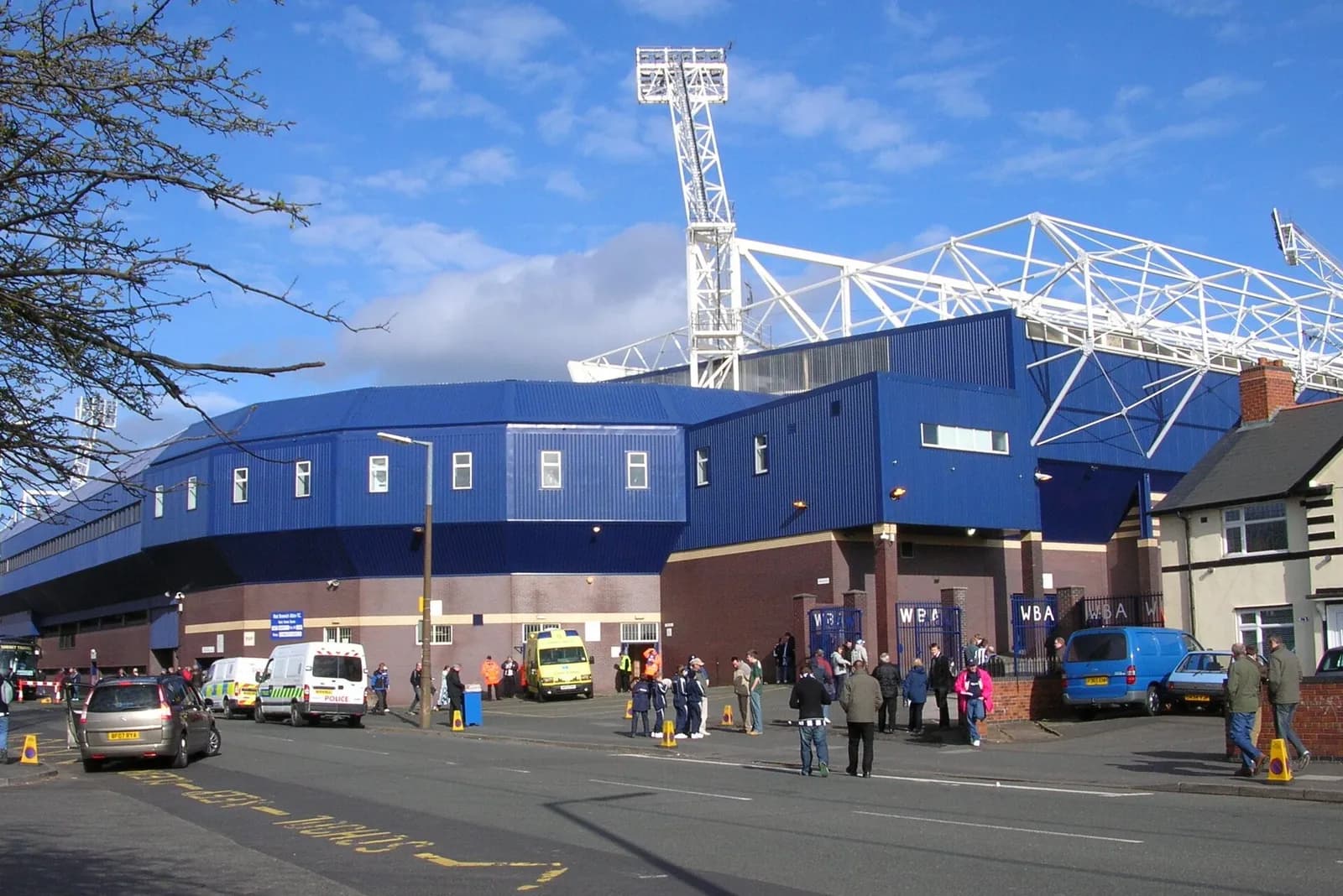 Exterior view of The Hawthorns stadium, showing the Smethwick End and Halfords Lane Stand.