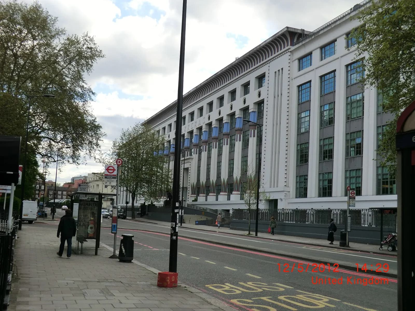 The facade of Greater London House in Camden, London.