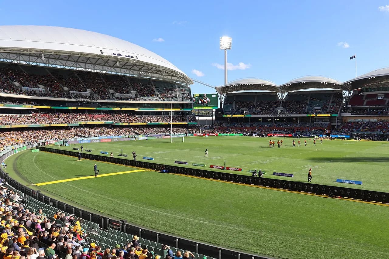 View across Adelaide Oval during an Australia–South Africa rugby union match in August 2022