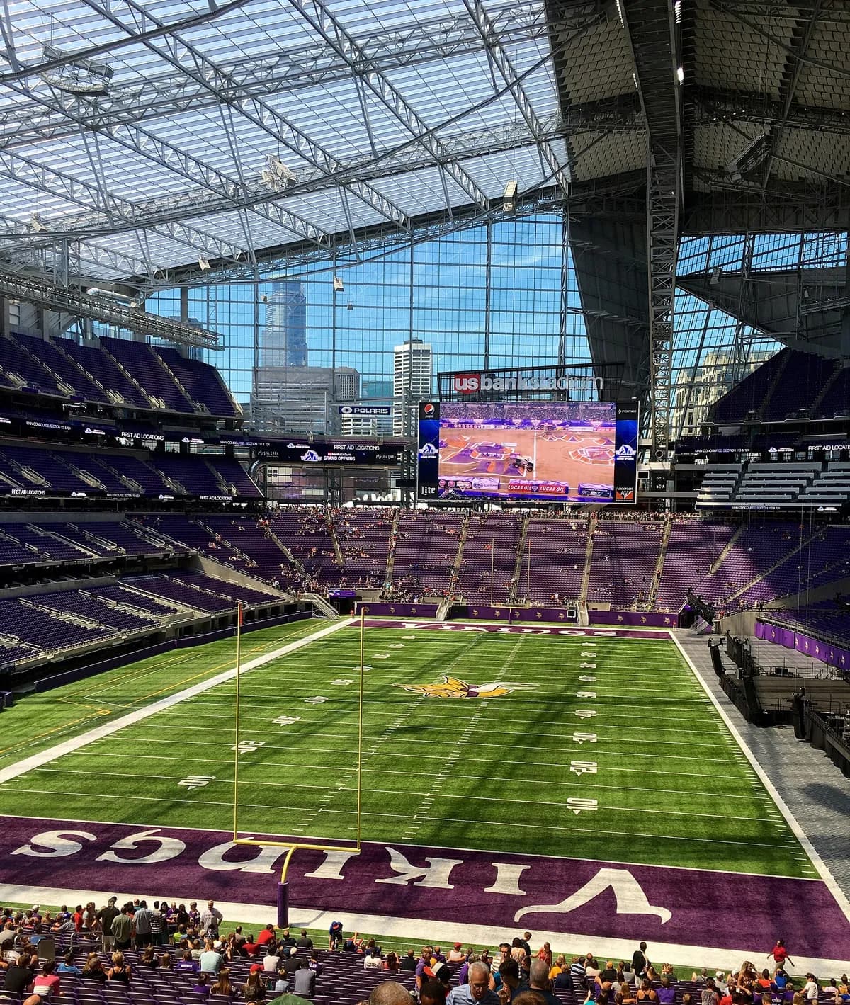 Interior of U.S. Bank Stadium with a Minnesota Vikings NFL setup.