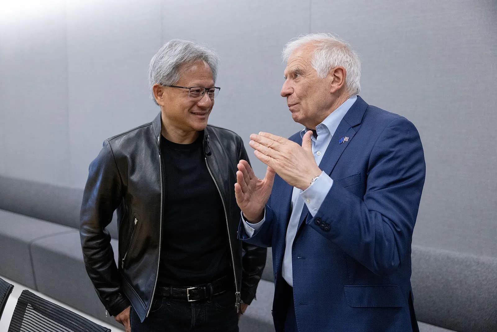 Jensen Huang speaks with Josep Borrell in Santa Clara, California.