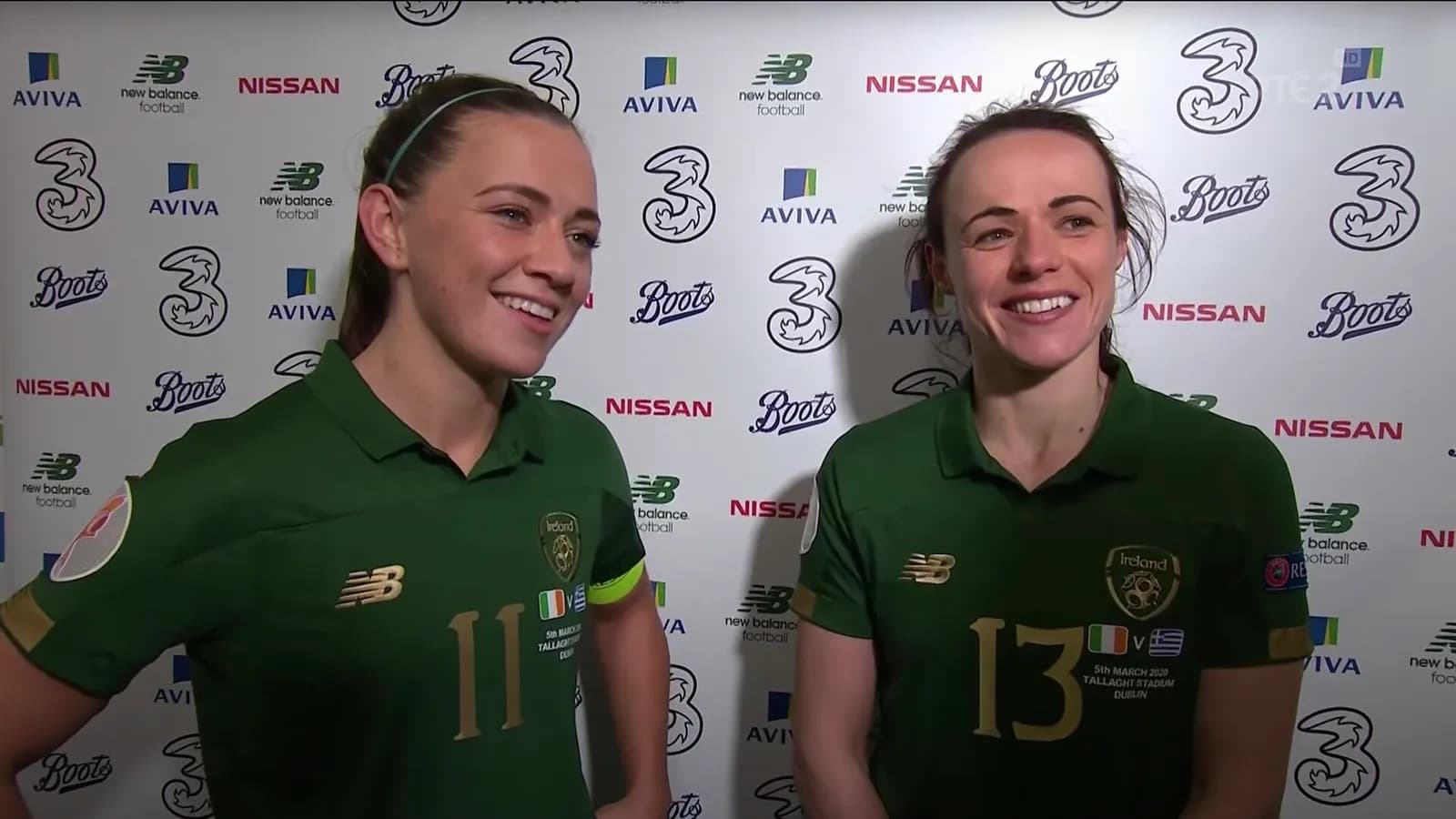 Katie McCabe and Áine O’Gorman speaking during an interview in Ireland team clothing.