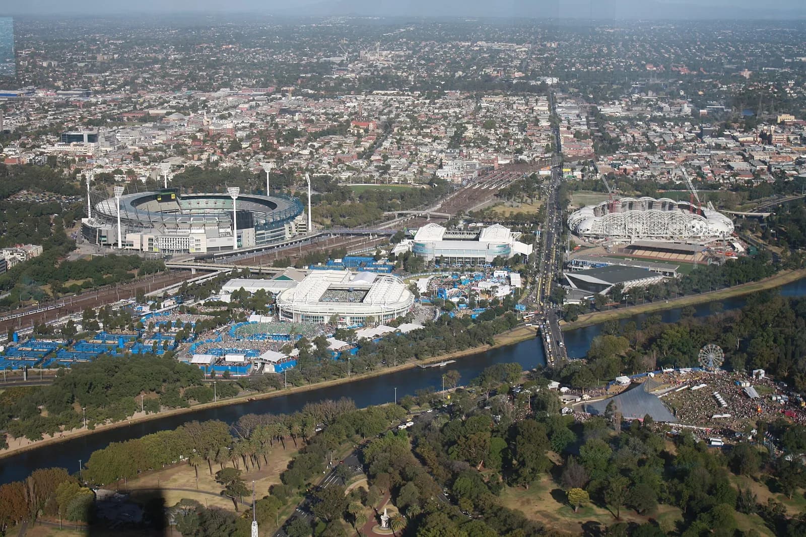 Aerial view of Melbourne Park and the surrounding Melbourne Sports and Entertainment Precinct.