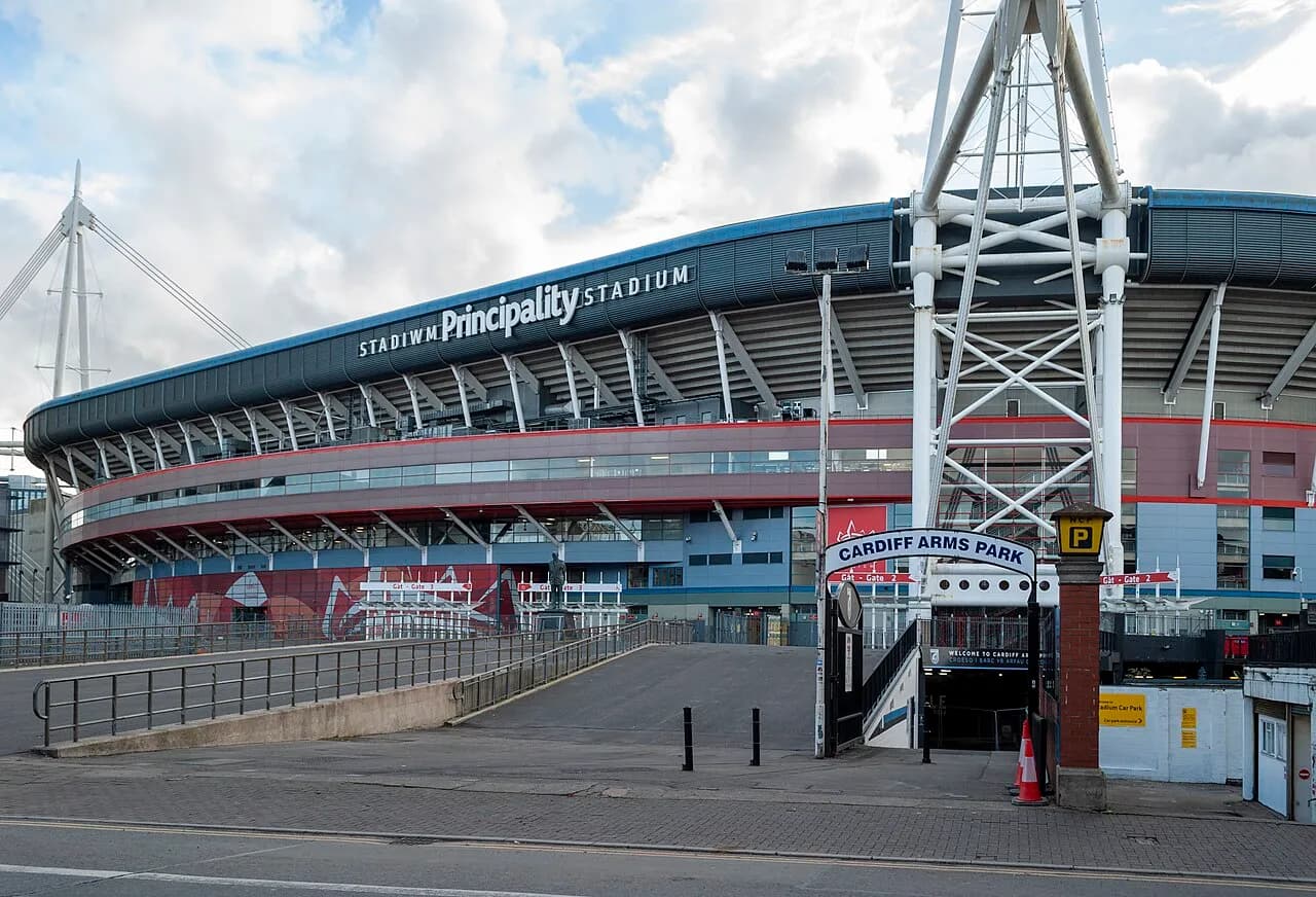 Exterior of Principality Stadium in Cardiff viewed from Westgate Street