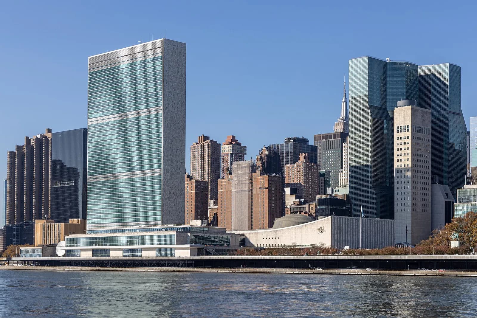 The United Nations headquarters in New York viewed from across the East River.