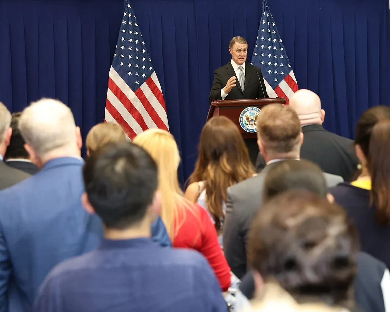 U.S. Ambassador to China David Perdue speaking in Beijing in May 2025