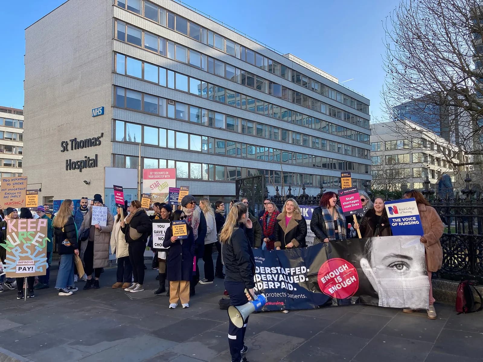 Nurses protest outside St Thomas’s Hospital in London.