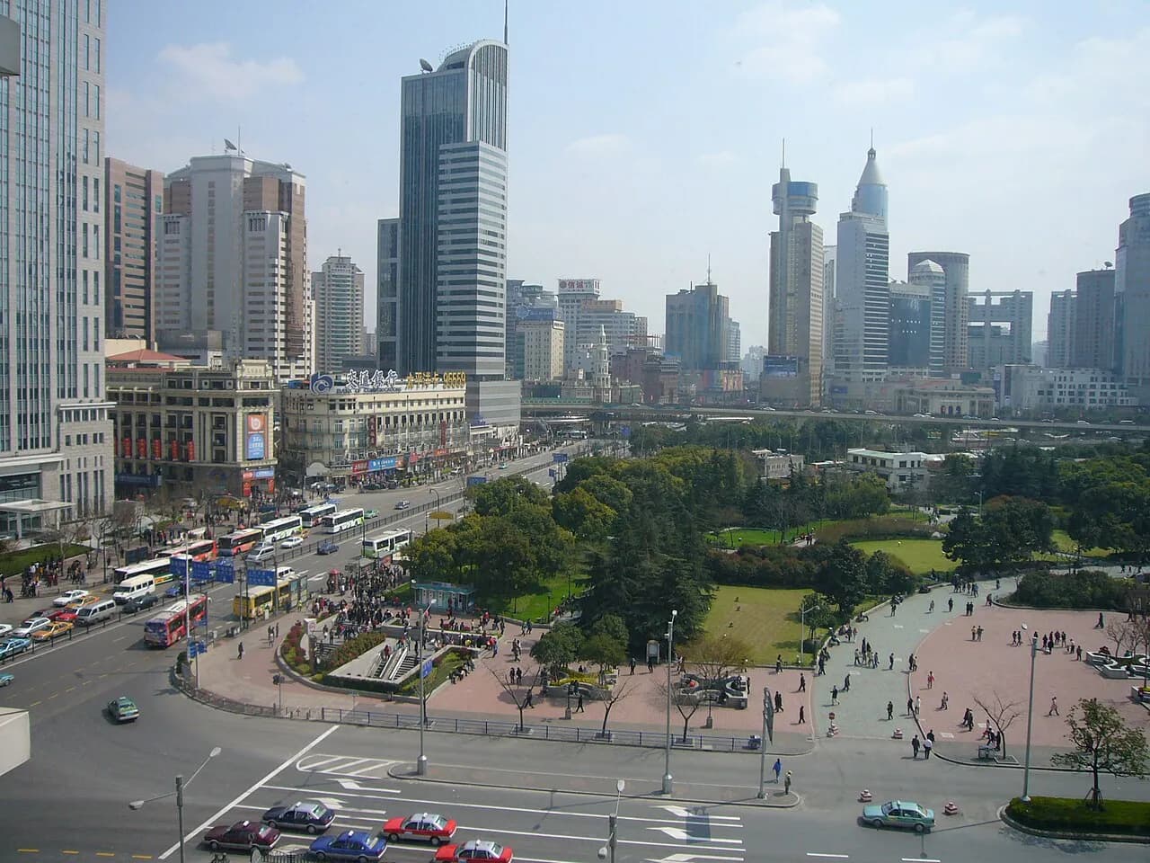 People's Square and surrounding streets in Shanghai, viewed from above