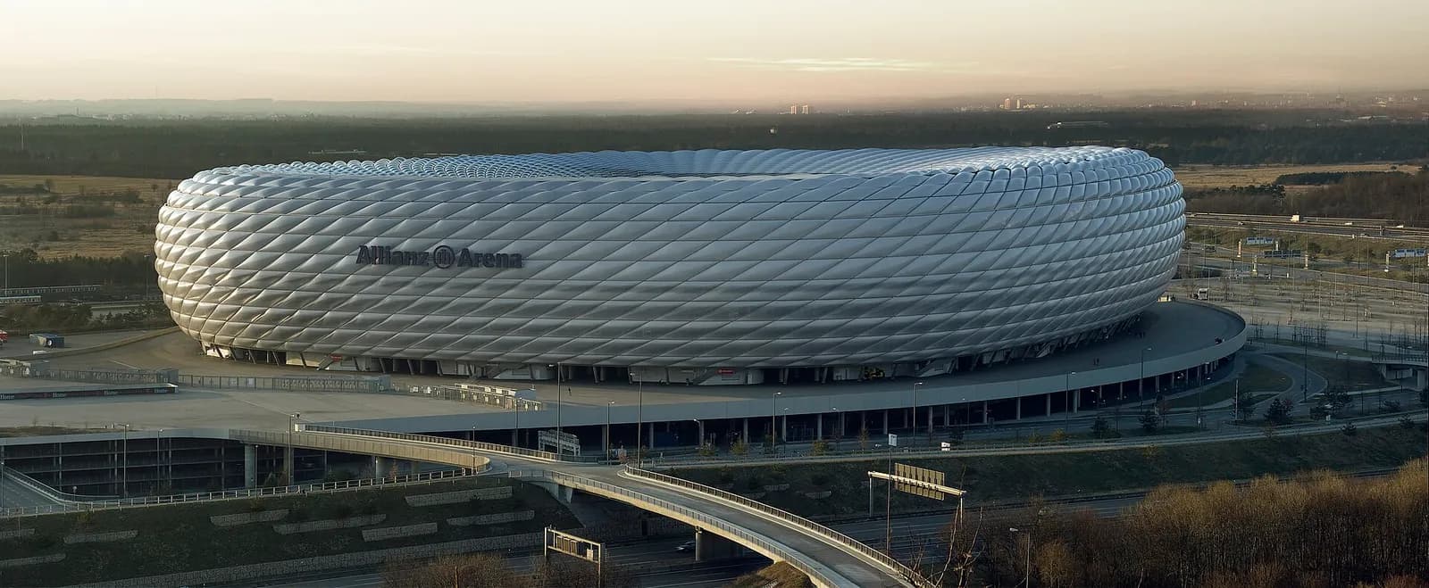 The Allianz Arena stadium in northern Munich, viewed in daylight.