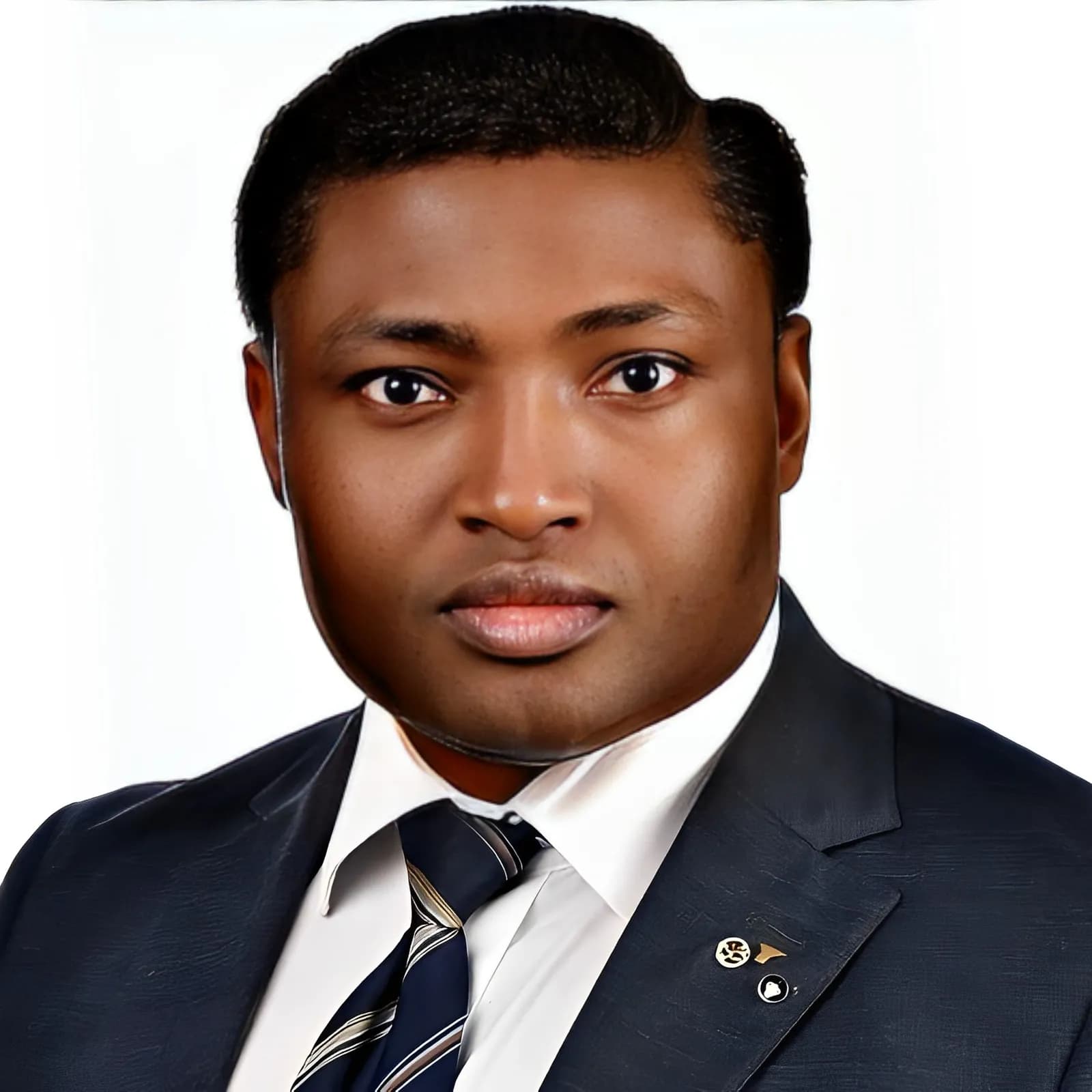 Portrait of Simon Ekpa, digitally upscaled using AI software.