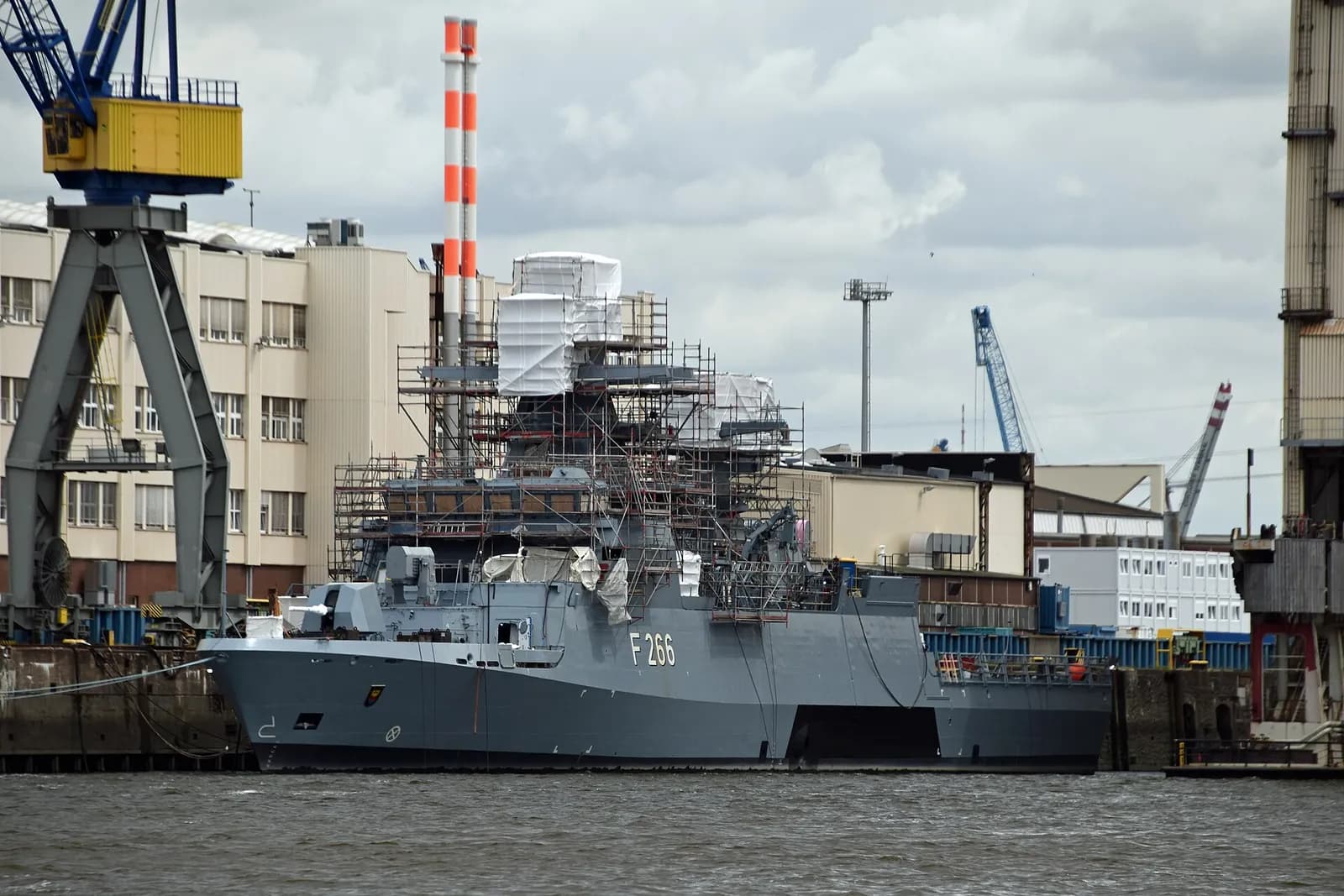 German Navy ship F266 Emden moored in Hamburg harbor