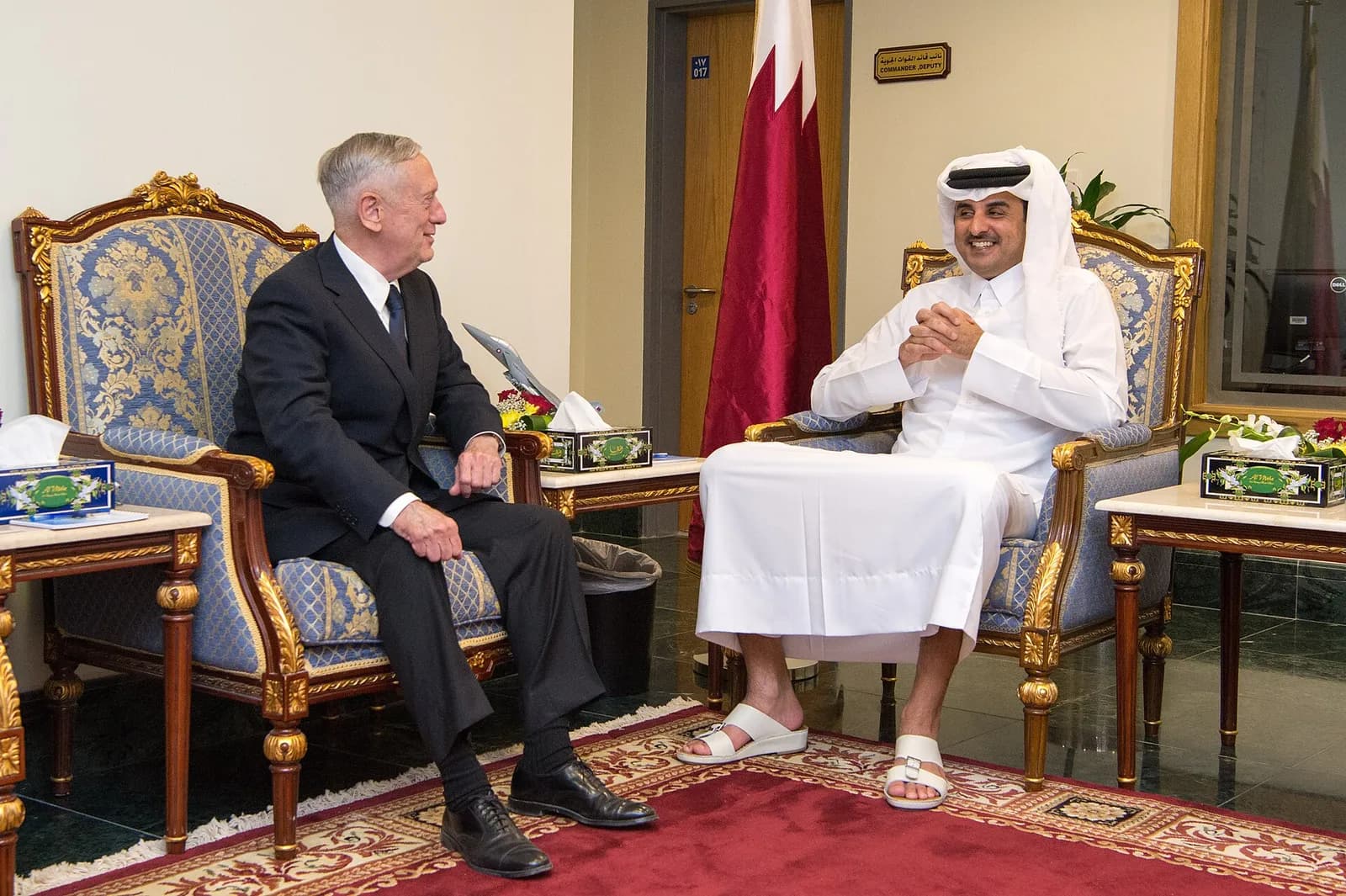 Qatar’s Emir Sheikh Tamim bin Hamad Al-Thani meets U.S. Defense Secretary Jim Mattis.