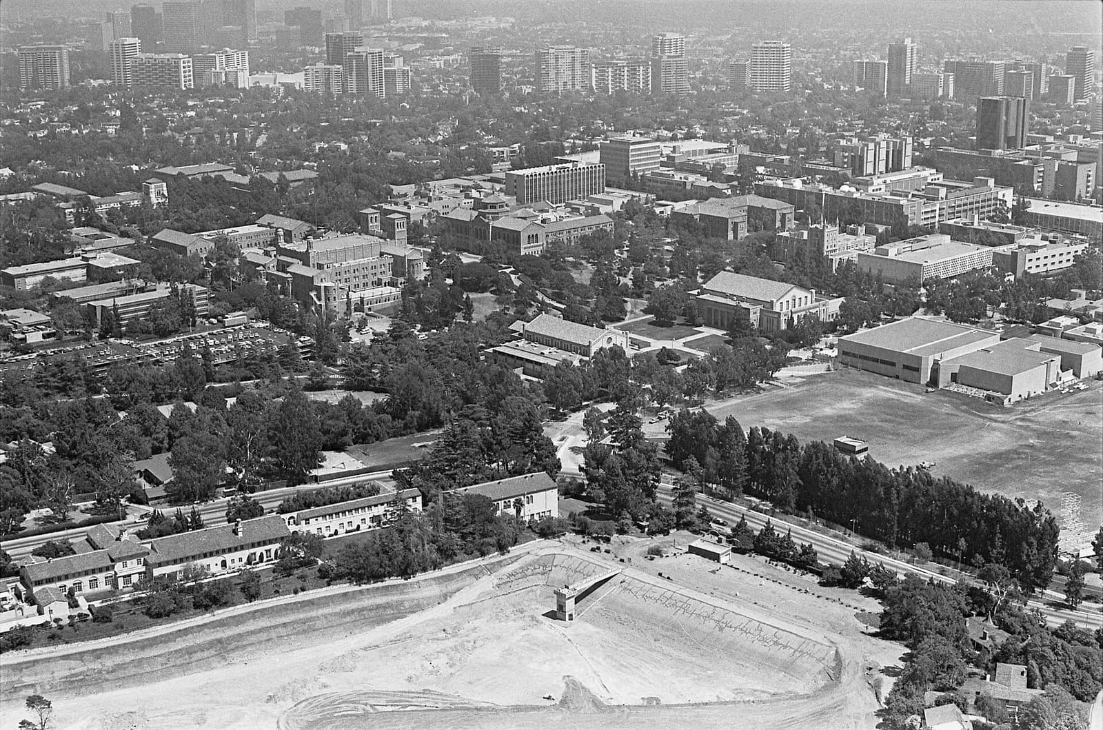 Aerial view of the UCLA campus and Westwood, California, facing southeast.