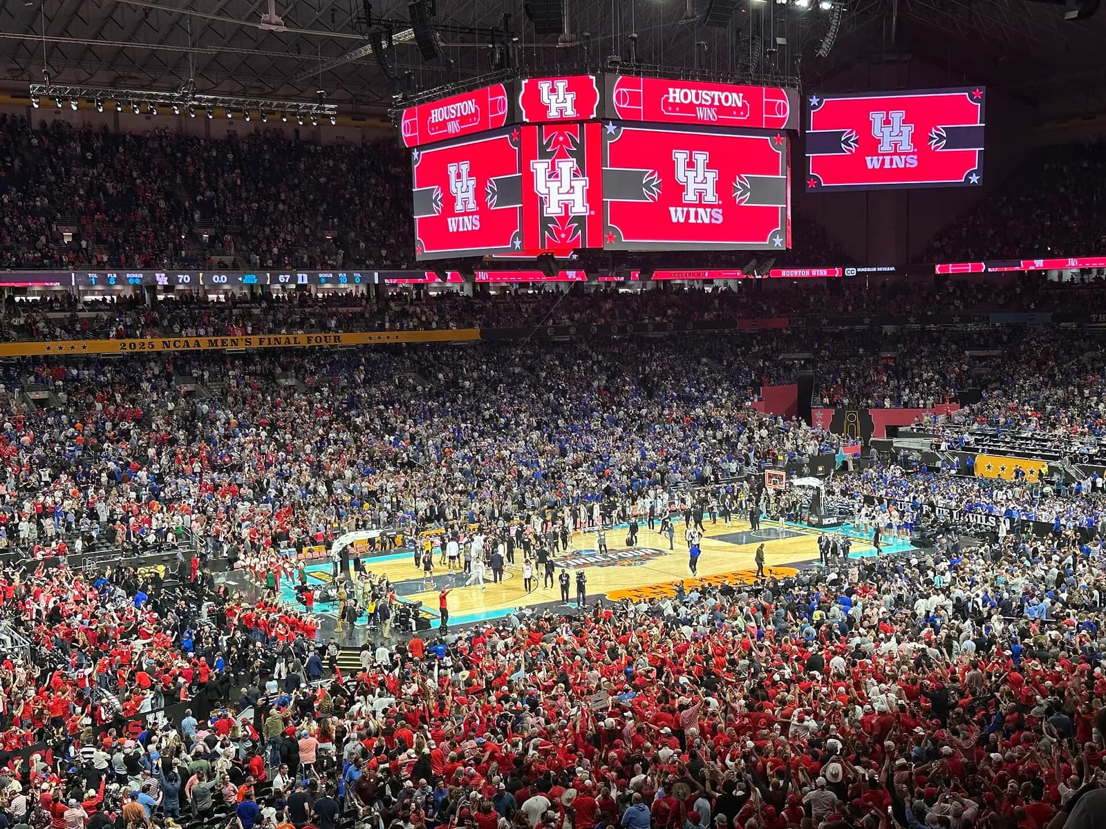 The Alamodome interior with the basketball court set up for the 2025 Final Four.