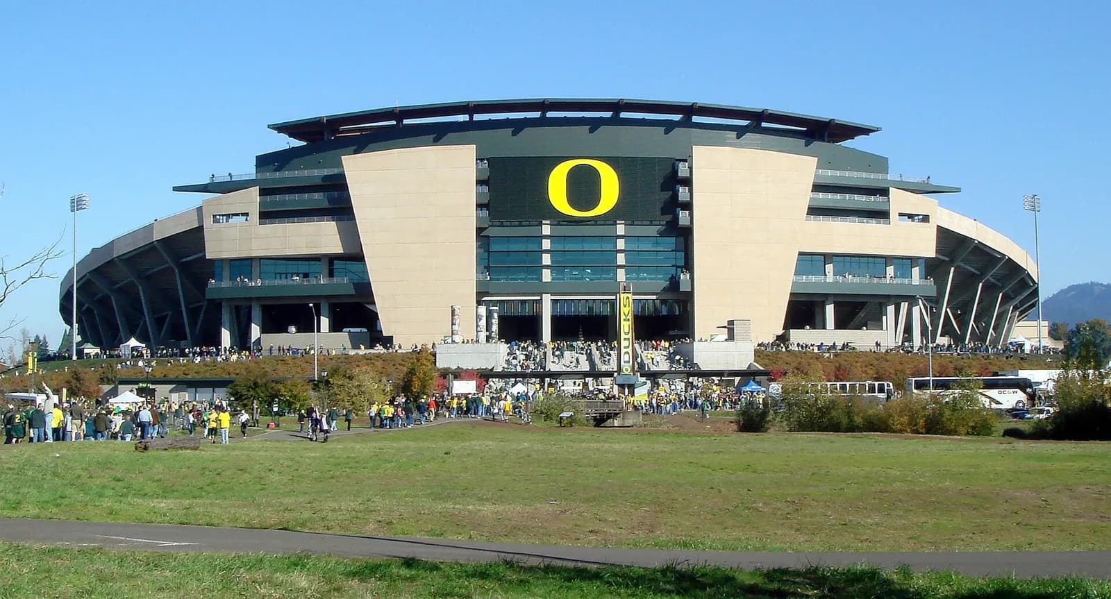 Exterior view of Autzen Stadium, home of the Oregon Ducks football team.