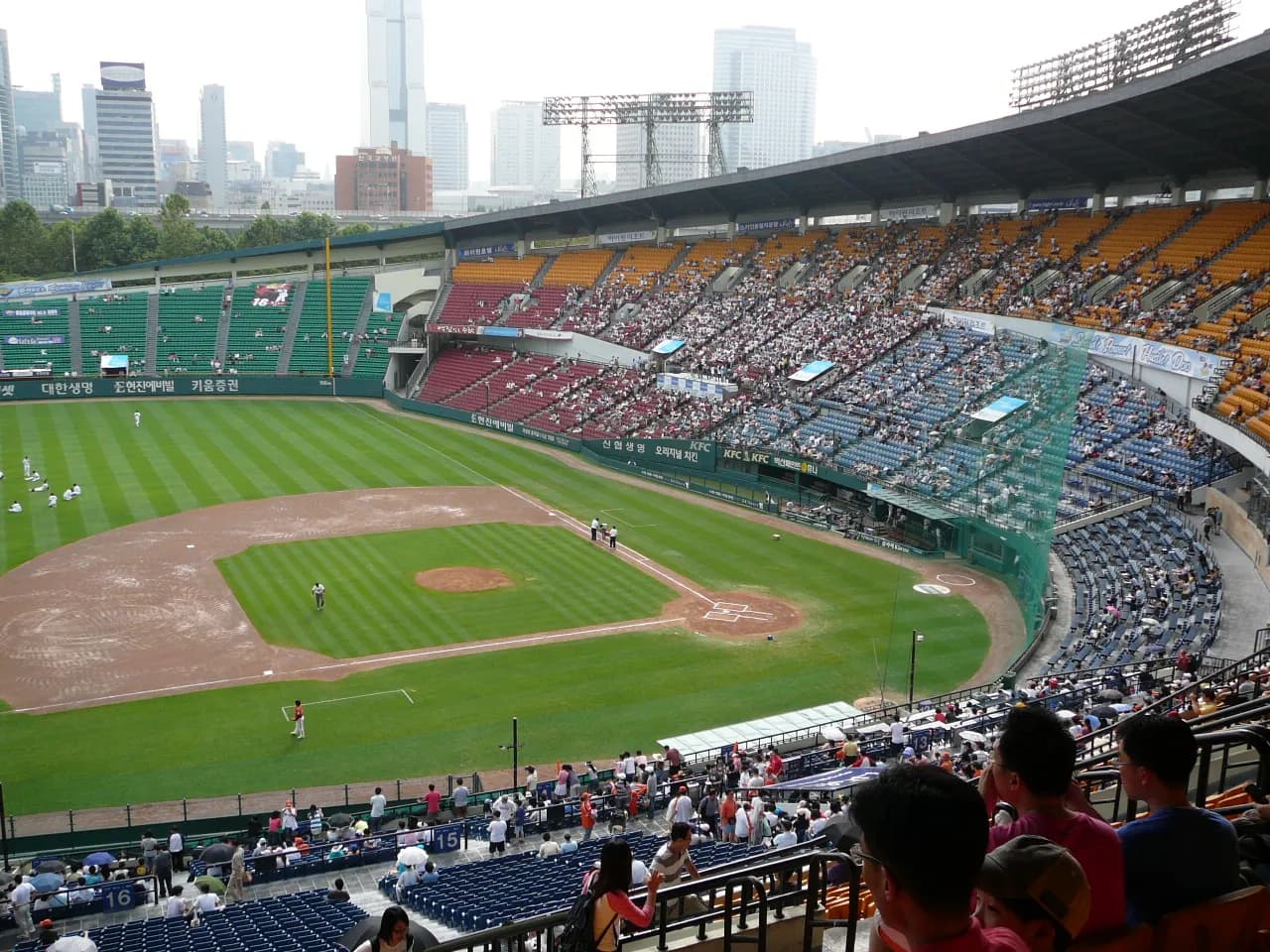 View across the baseball field and stands at Jamsil Baseball Stadium in Seoul.