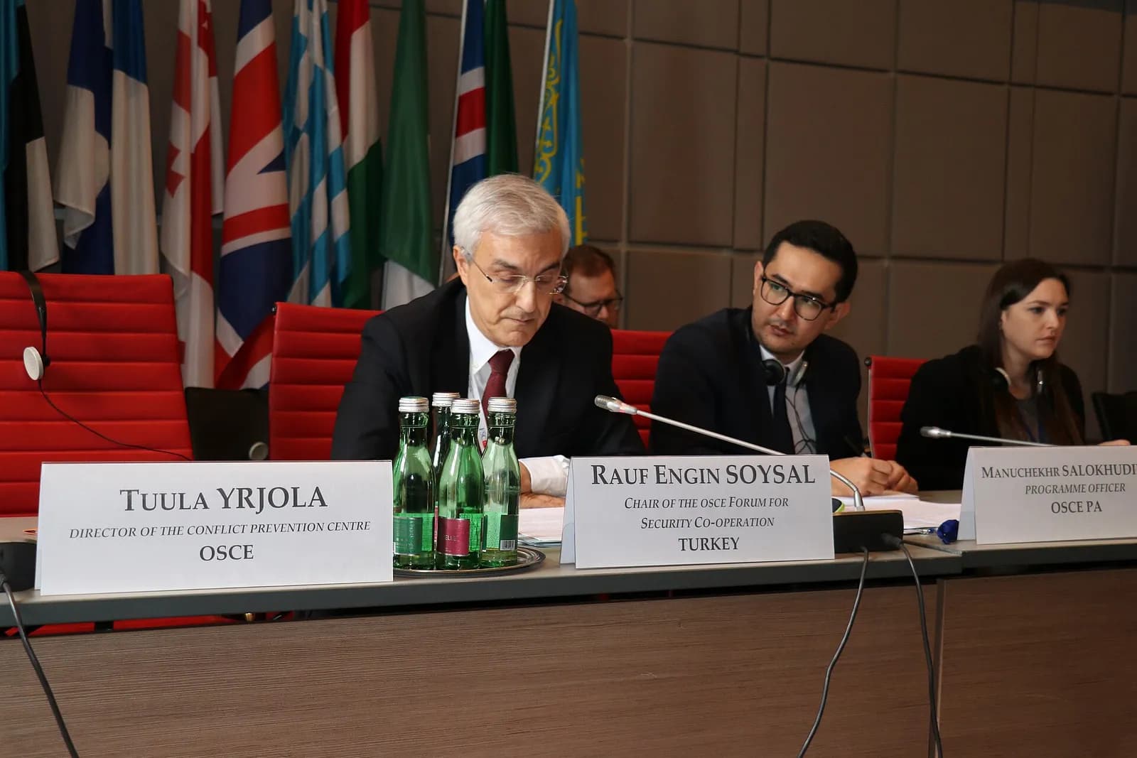 Delegates sit around a conference table during an OSCE Parliamentary Assembly meeting in Vienna.