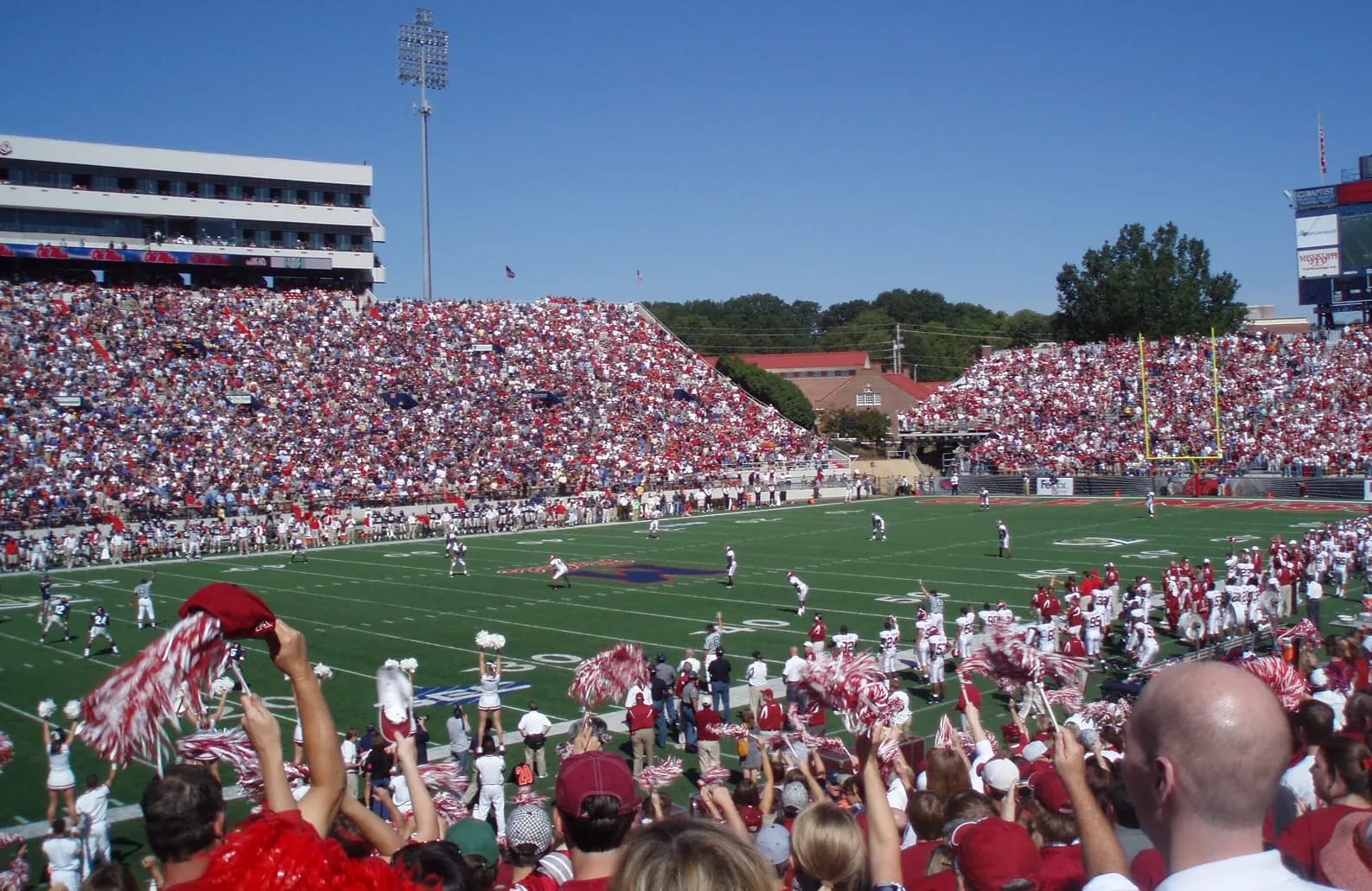 View of Vaught-Hemingway Stadium filled with spectators before kickoff.