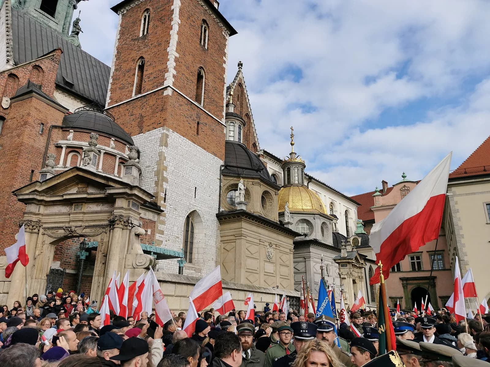 People taking part in the Independence Day march in Kraków, Poland.