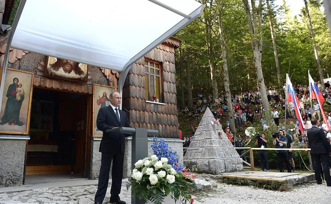 Vladimir Putin speaking at a memorial ceremony near the Russian Chapel in Slovenia in 2016
