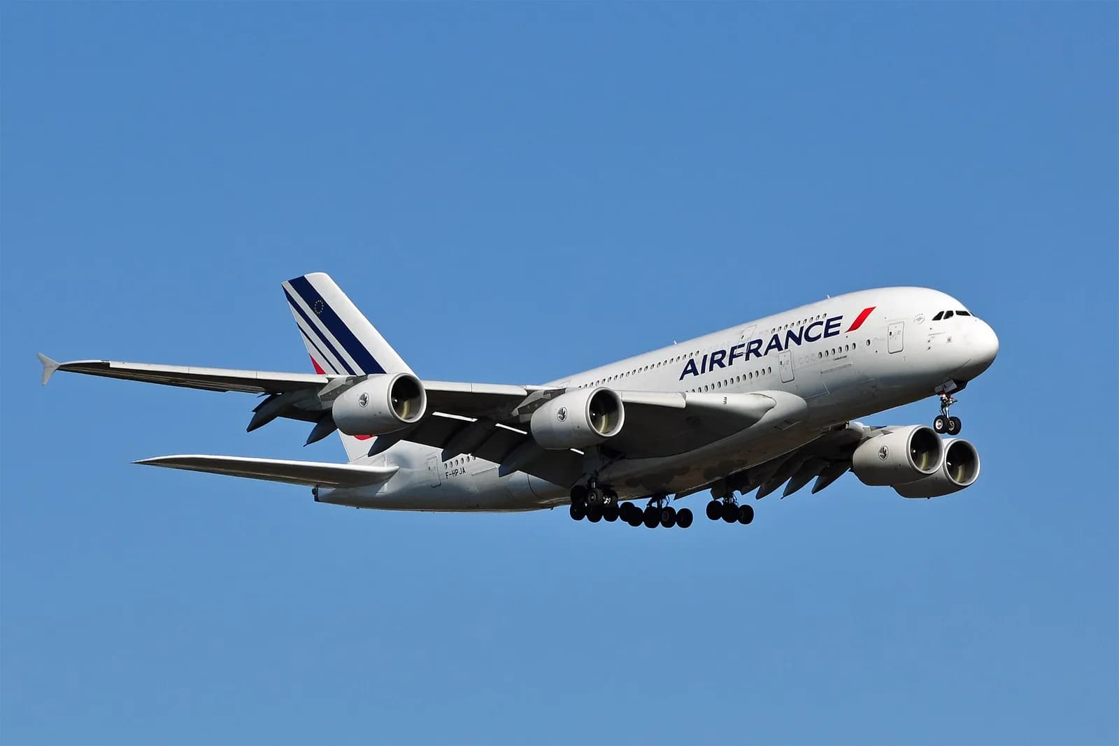 An Air France Airbus A380 landing at Washington Dulles International Airport.