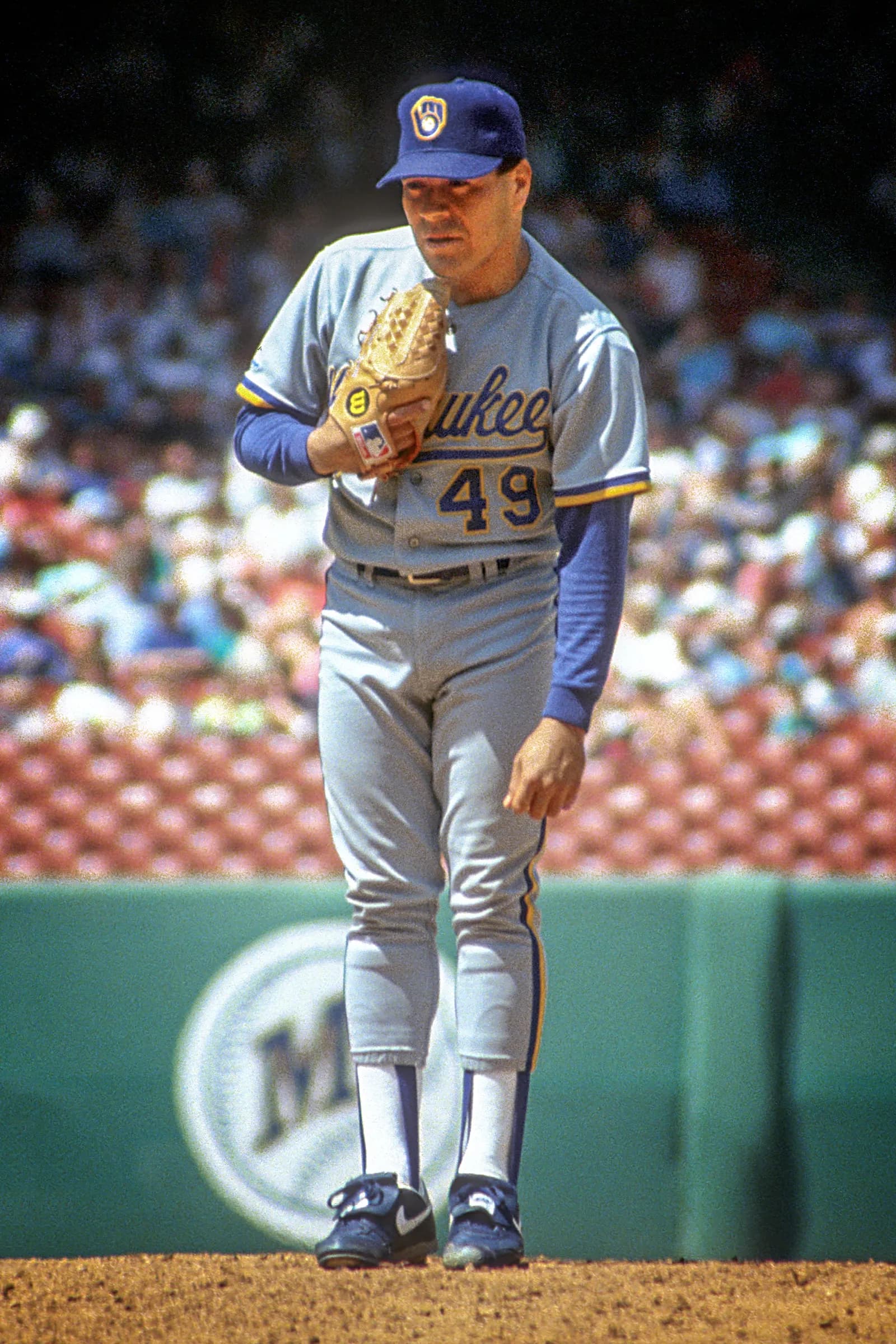 Milwaukee Brewers pitcher Teddy Higuera pitching during a game at Angel Stadium of Anaheim in 1991.