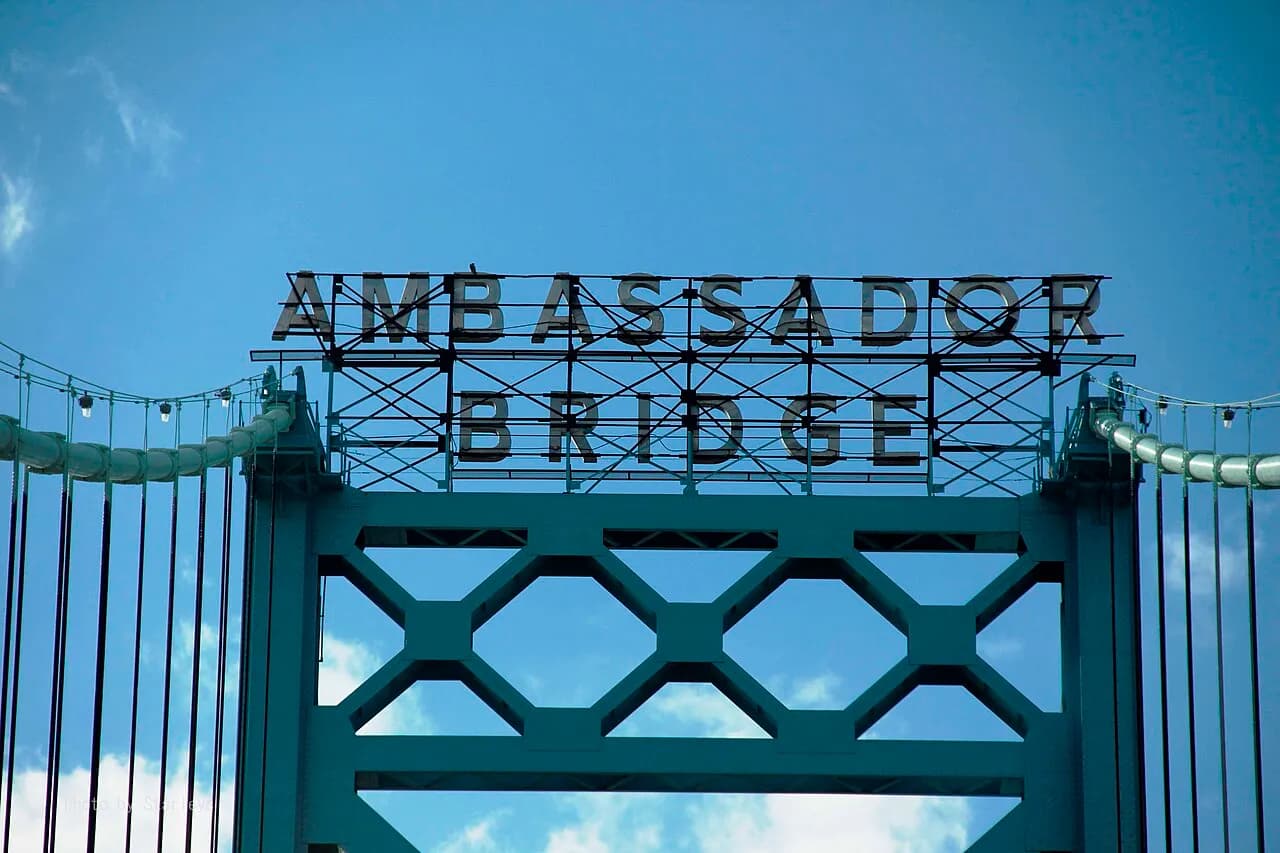 View of the Ambassador Bridge linking Detroit, Michigan, and Windsor, Ontario