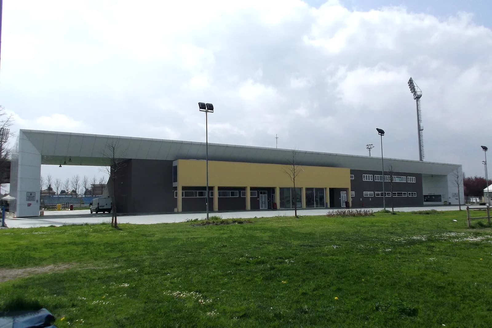 Main entrance beneath the North stand and ticket office at Stadio Sergio Lanfranchi in Parma.