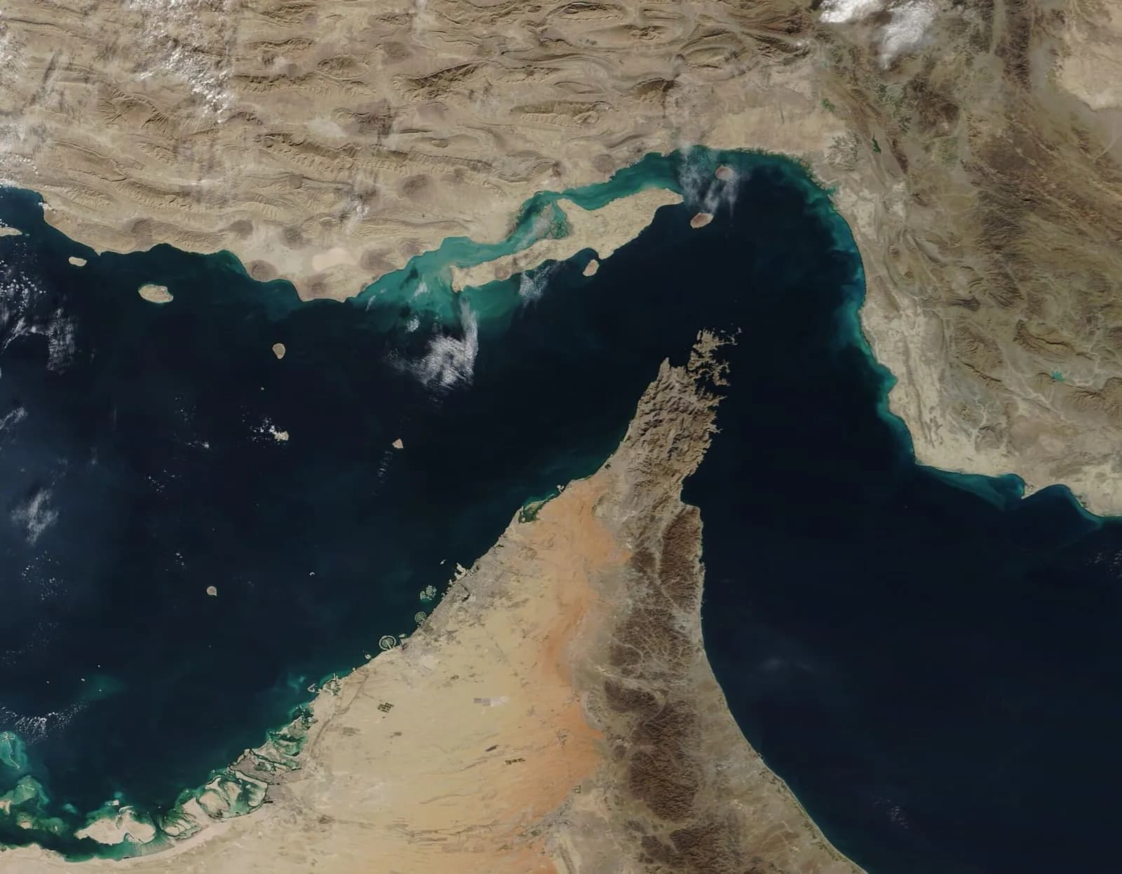 Satellite view of the Strait of Hormuz between Iran and the Arabian Peninsula.