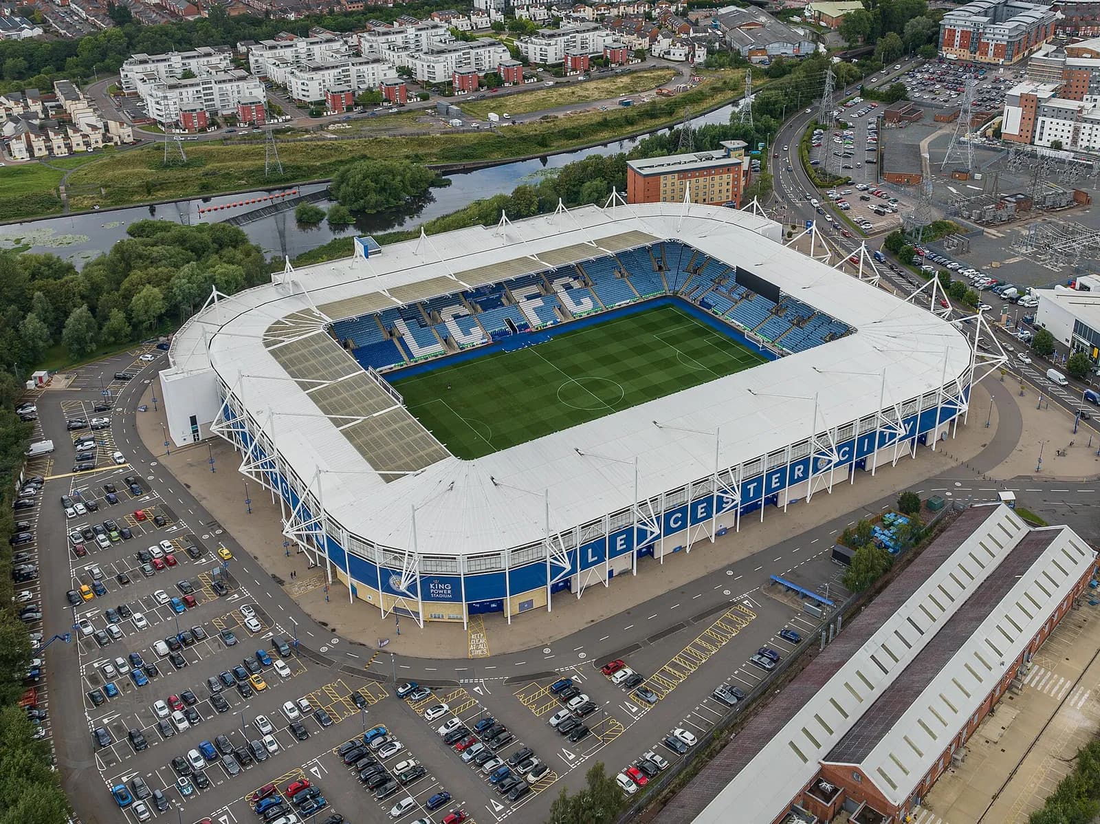 Aerial view of King Power Stadium in Leicester, home of Leicester City Football Club.